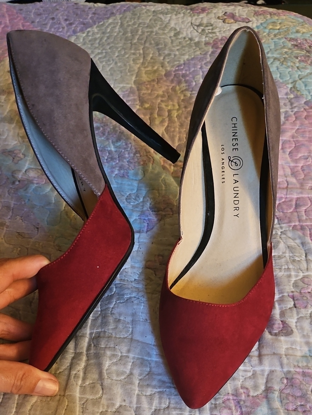 Chinese Laundry Two-Tone Burgundy and Taupe Suede Pointed-Toe Pumps